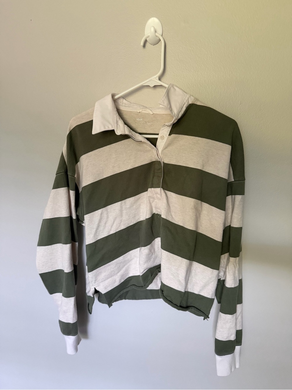 Aerie Women's Olive Green and Cream Striped Sporty Prep Rugby Polo
